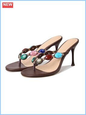 Jeweled Thong Heeled Sandals Beaded Flip Flop Summer Heels